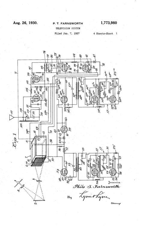 Television system patent drawing, 1930