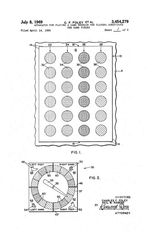 Apparatus for playing a game wherein the players constitute the game pieces patent drawing, 1969