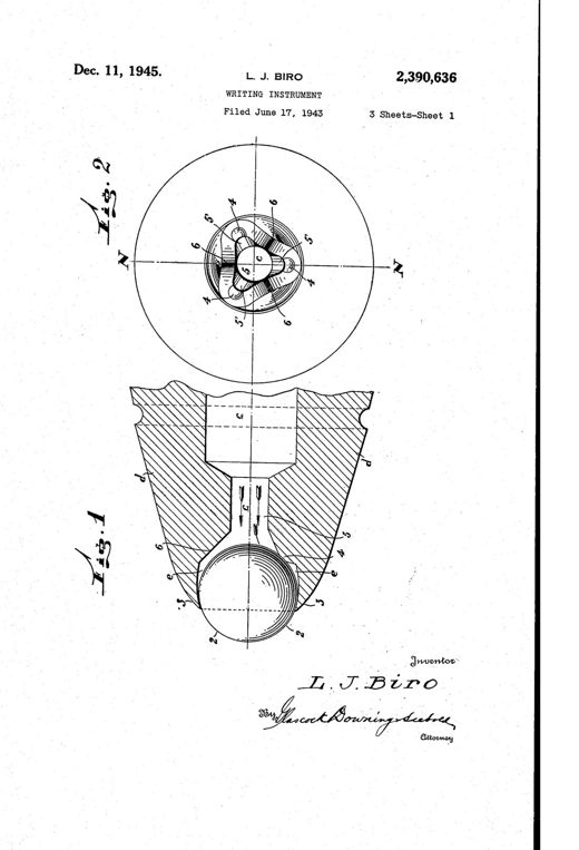 Writing instrument patent drawing, 1945