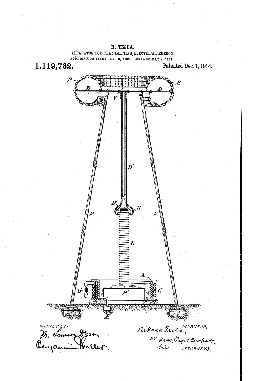 Apparatus for transmitting electrical energy patent drawing, 1914