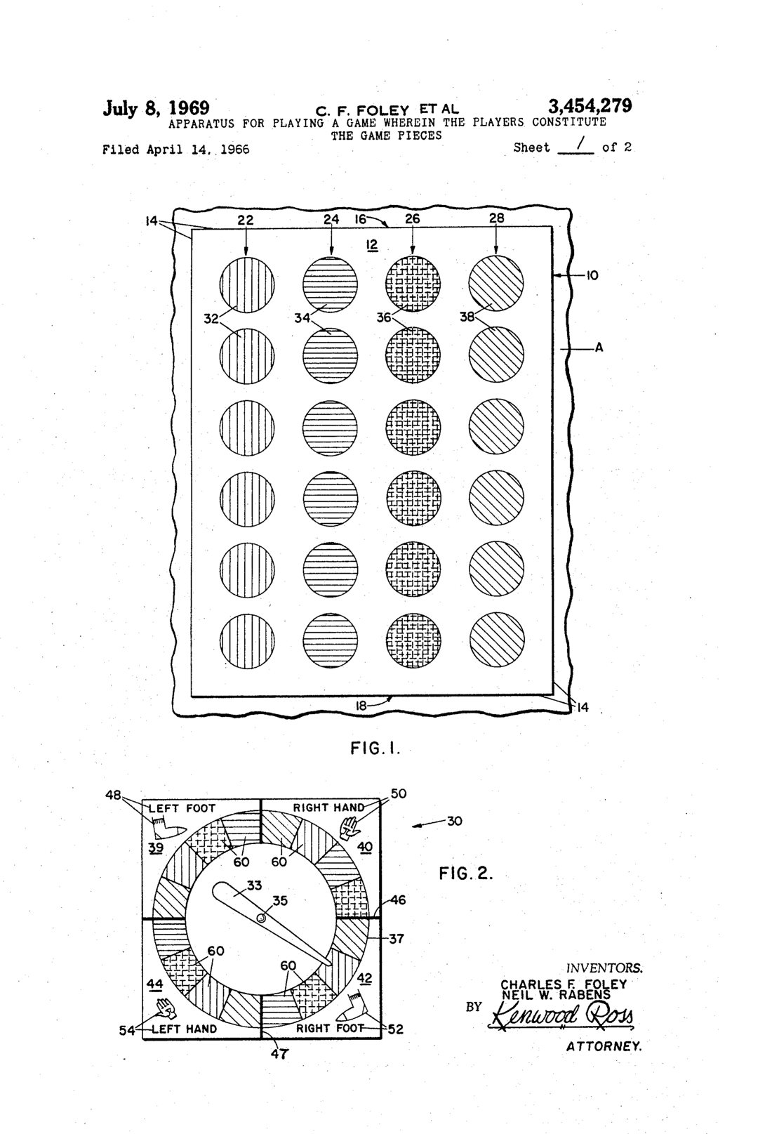 Apparatus for playing a game wherein the players constitute the game pieces patent drawing, 1969