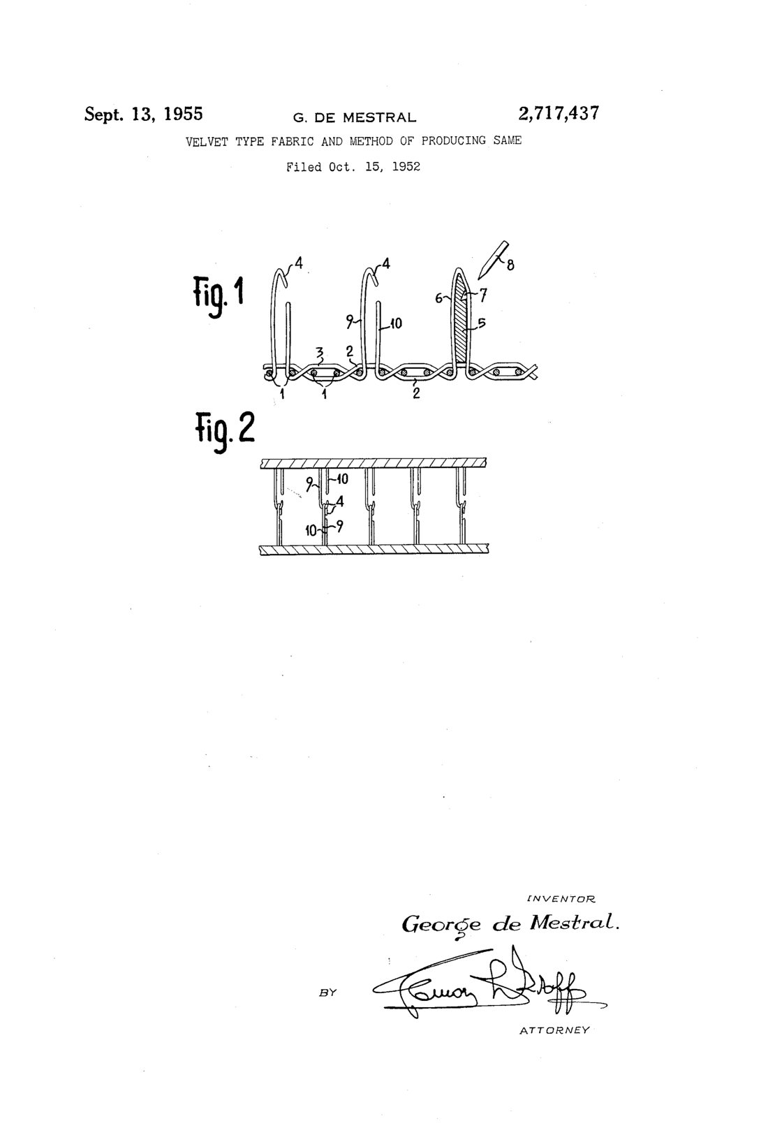 Velvet type fabric and method of producing same patent drawing, 1955