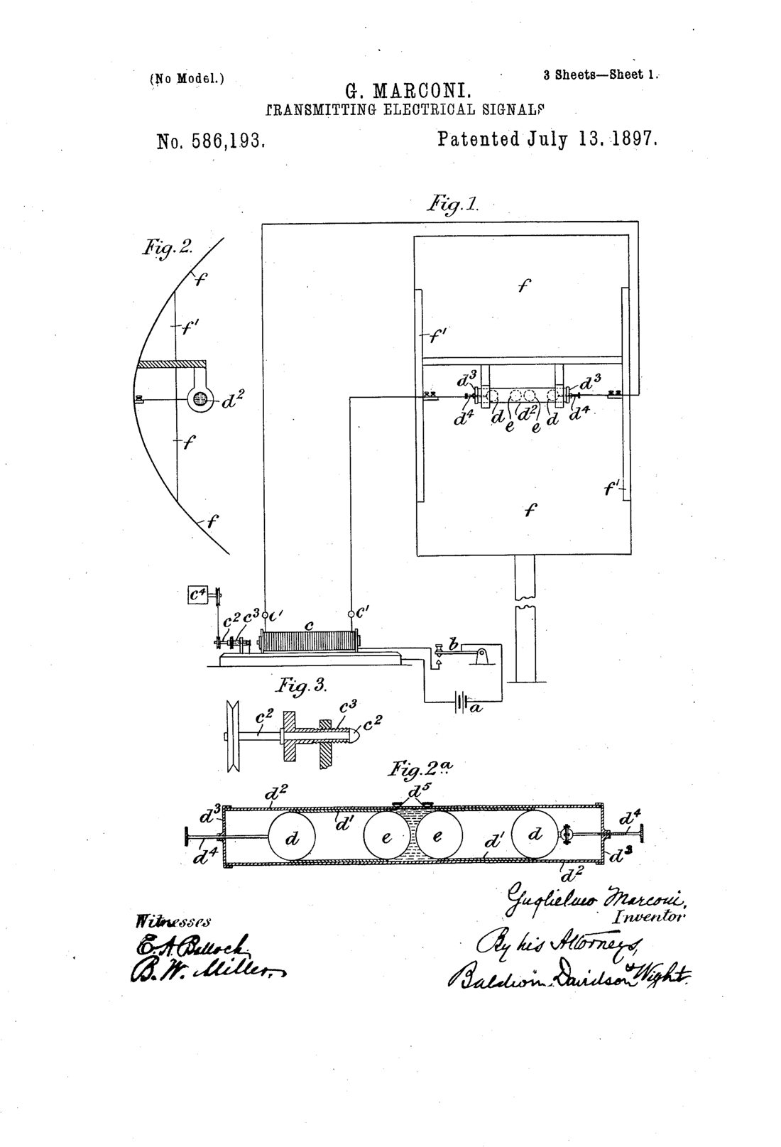 transmitting electrical signals patent drawing, 1897